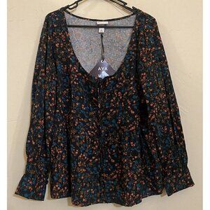 AVA & VIV Black Floral Peasant  Long Sleeve  Blue Brown Orange Blouse Top 1X New
